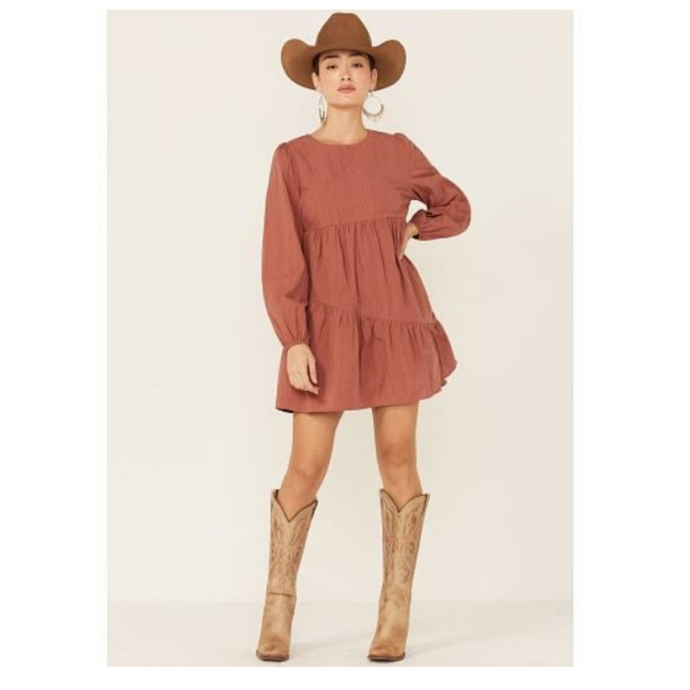 Very J Women's Brick Long Puff Sleeve Baby Doll Mini Dress